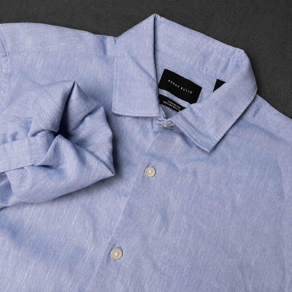 Perry Ellis Shirt Mens Small Blue 52% LINEN Blend Slub Roll Tab Sleeve Button Up